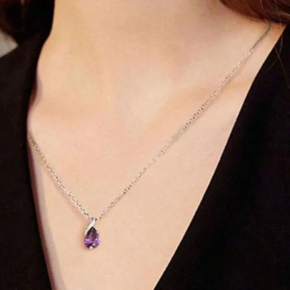 Silver Teardrop Amethyst Purple Crystal Pendant Necklace Gemstone Charm Elegant